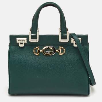 Pre Owned Gucci Zumi Small Dark Green Grain Leather Interlocking G Horsebit Tote