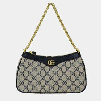 Pre Owned Gucci Ophidia Handbag Shoulder 2Way Pvc Small Navy Beige Gg Supreme Plus Animalier Charm Bee
