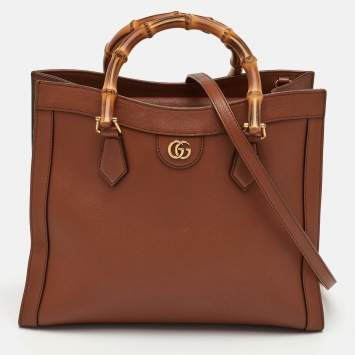 Pre Owned Gucci Bamboo Diana Medium Brown Leather Tote
