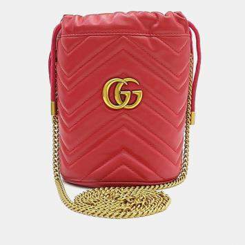 Pre Owned Gucci Red Leather GG Marmont Mini Bucket Bag (575163)