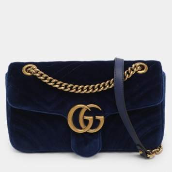 Pre Owned Gucci GG Marmont Medium Blue Velvet Shoulder Bag