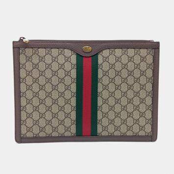 Pre Owned Gucci Beige, Brown Canvas Supreme Portfolio Clutch (523359)