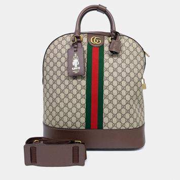 Pre Owned Gucci Beige, Brown Coated Canvas Ophidia Savoy Bowling Bag (724654)