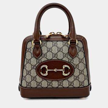 Pre Owned Gucci Beige, Brown Coated Canvas Horsebit 1955 Mini Top Handle Bag