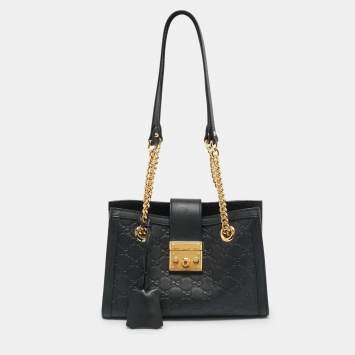 Pre Owned Gucci Padlock Small Black Guccissima Leather Tote