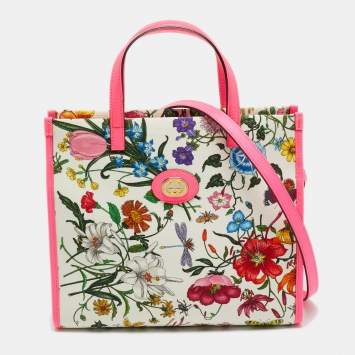 Pre Owned Gucci Flora Neon Pink/Multicolor Floral Print Canvas and Leather Tote