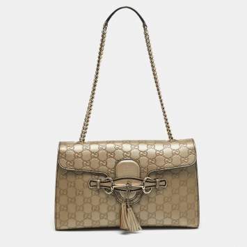 Pre Owned Gucci Emily Chain Medium Metallic Beige Guccissima Leather Shoulder Bag