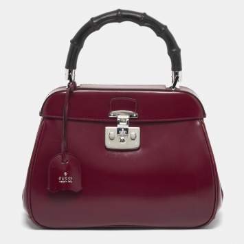 Pre Owned Gucci Bamboo Lady Lock Medium Burgundy Leather Top Handle Bag