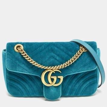 Pre Owned Gucci GG Marmont Small Blue Matelasse Velvet Flap Shoulder Bag
