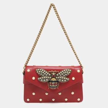 Pre Owned Gucci Bee Pearl Studded Queen Margaret Broadway Mini Red Leather Crossbody Bag
