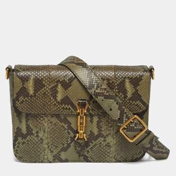 مملوكة مسبقًا Gucci Jackie Olive Green Python Flap Shoulder Bag