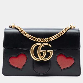 Pre Owned Gucci Black Medium GG Marmont Leather Malaga Kid Heart Patch Chain Flap