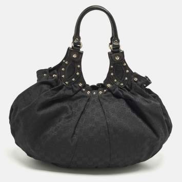 Pre Owned Gucci Pelham Studded Black GG Canvas and Leather Hobo