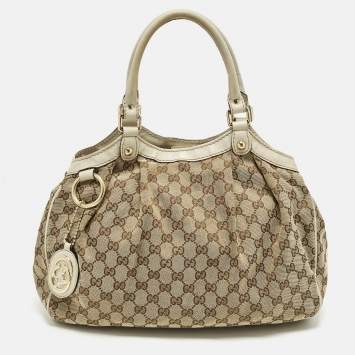 Pre Owned Gucci Sukey Medium Beige GG Canvas and Leather Tote