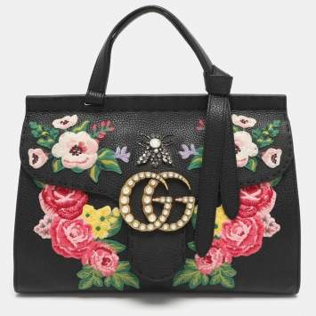 Pre Owned Gucci GG Marmont Floral Embroidered Embellished Black Leather Top Handle Bag