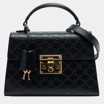 Pre Owned Gucci Black Small Guccissima Padlock Satchel