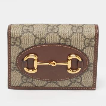 Pre Owned Gucci Horsebit 1955 Beige/Brown GG Supreme Canvas and Leather Card Case