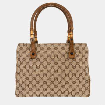 Pre Owned Gucci Brown Beige Bamboo GG Tote Bag