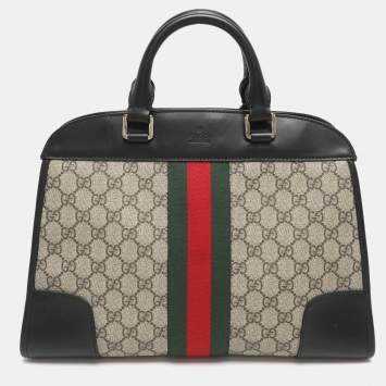 Pre Owned Gucci Vintage Web Beige/Black GG Supreme Coated Canvas and Leather Satchel