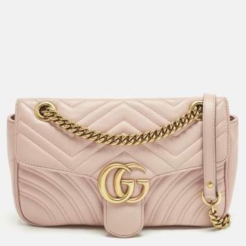 Pre Owned Gucci GG Marmont Flap Medium Light Pink Matelasse Leather Shoulder Bag