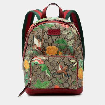Pre Owned Gucci Brown Red Small GG Supreme Web Tian Backpack