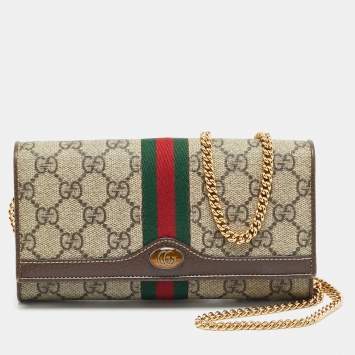 Pre Owned Gucci Ophidia Beige/Brown GG Supreme Canvas and Leather Wallet on Chain
