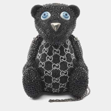 Pre Owned Gucci Gg Teddy Bear Shoulder Bag With Swarovski Crystals Black Multicolor