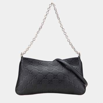 Pre Owned Gucci GG Emblem Medium Chain Handbag/Shoulder Bag Black Leather