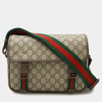 Pre Owned Gucci Gg Supreme Sherry Line Bag Shoulder Pvc Beige Mocha Brown Green Red
