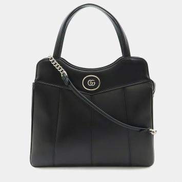 Pre Owned Gucci Petit Gg Tote Bag Shoulder Handbag Leather Black