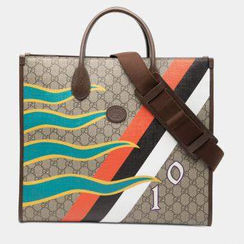Pre Owned Gucci Brown Medium GG Supreme 100 Centum Anniversary Calfskin Retro Interlocking G Tote