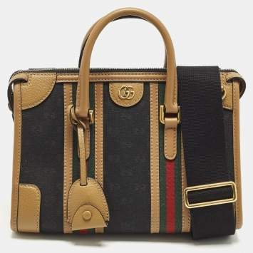 Pre Owned Gucci Double G Web Brown/Black GG Canvas and Leather Bauletto Bag
