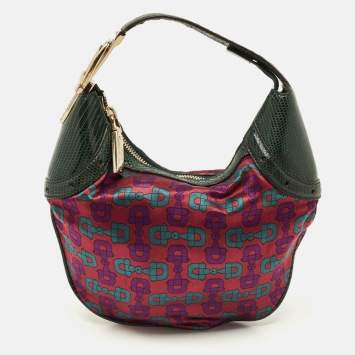 Pre Owned Gucci Glam Green Horsebit Print Satin and Lizard Hobo