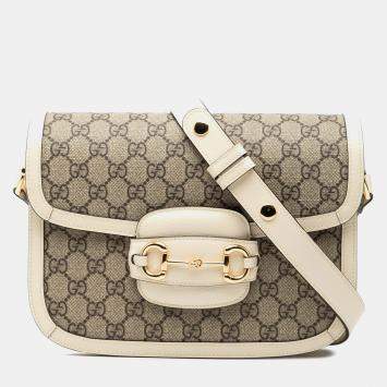 Pre Owned Gucci Brown Medium GG Supreme Horsebit 1955 Shoulder Bag