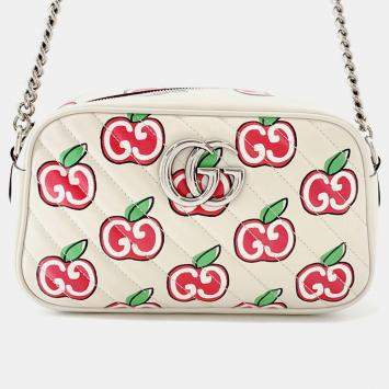 Pre Owned Gucci GG Marmont Apple Shoulder Bag White/Red/Beige Leather Size Small