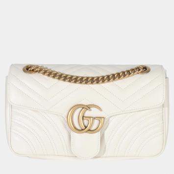 Pre Owned Gucci White Calfskin Matelasse Medium GG Marmont Shoulder Bag