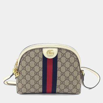 Pre Owned Gucci Brown White Leather and PVC Ophidia Supreme Crossbody Bag