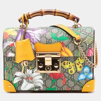 Pre Owned Gucci Brown Small GG Supreme Flora Bamboo Padlock Satchel