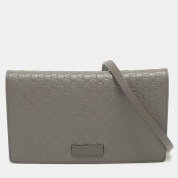 Pre Owned Gucci Grey Microguccissima Leather Flap Wallet on Strap