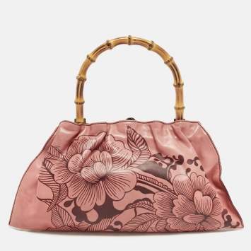 Pre Owned Gucci Bamboo Floral Print Old Rose Leather Top Handle Bag