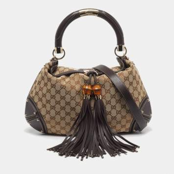 Pre Owned Gucci Babouska Indy Medium Beige/Brown GG Canvas and Leather Hobo