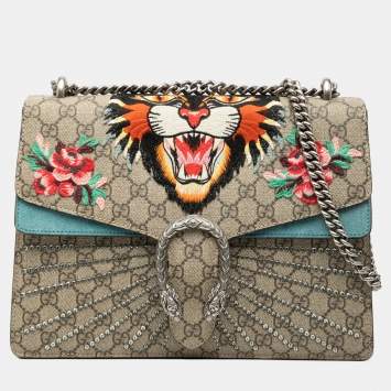 Pre Owned Gucci Brown Medium GG Supreme Embroidered Angry Cat Dionysus Shoulder Bag
