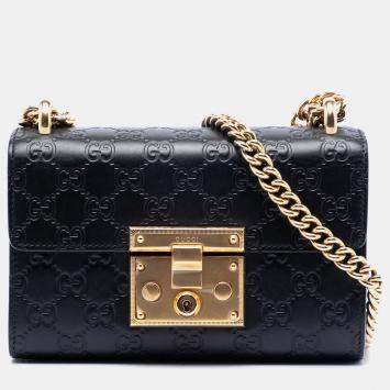 Pre Owned Gucci Black Small Guccissima Padlock Crossbody