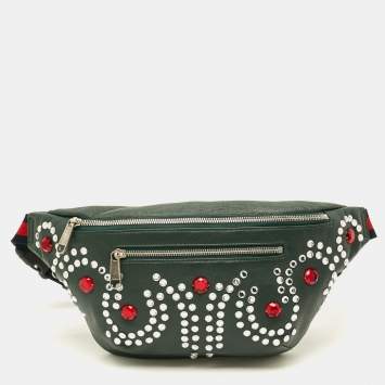 Pre Owned Gucci Bijou Stone Dark Green Leather Belt Bag