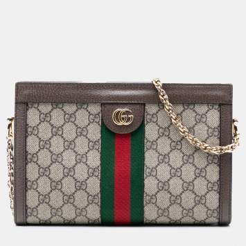 مملوكة مسبقًا Gucci Brown Small GG Supreme Web Ophidia Chain Crossbody