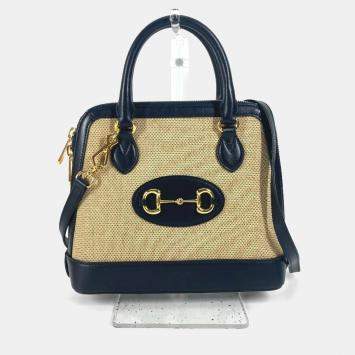 Pre Owned حقيبة غوتشي هورسبيت 1955 صغيرة بيد علوية كانفاس/جلد بيج/كحلي غامق