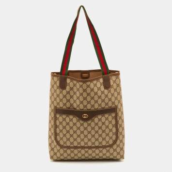Pre Owned Gucci Sherry Web Beige/Brown GG Supreme Canvas and Leather Tote