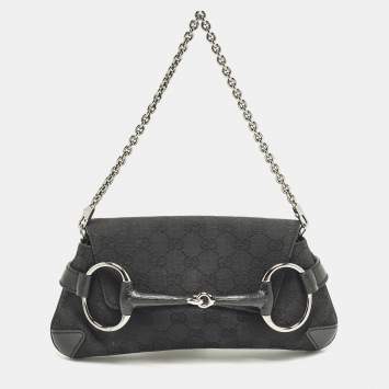 Pre Owned Gucci Horsebit Black GG Canvas and Leather Chain Clutch