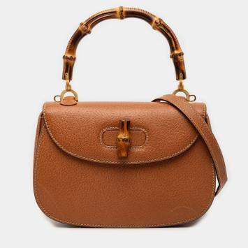 Pre Owned حقيبة يد علوية غوتشي بامبو جلد عجل بني صغيرة