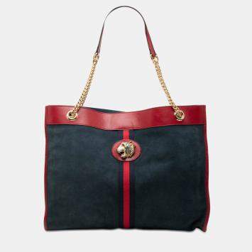 Pre Owned Gucci Blue, Red Large Web Suede Rajah Tote